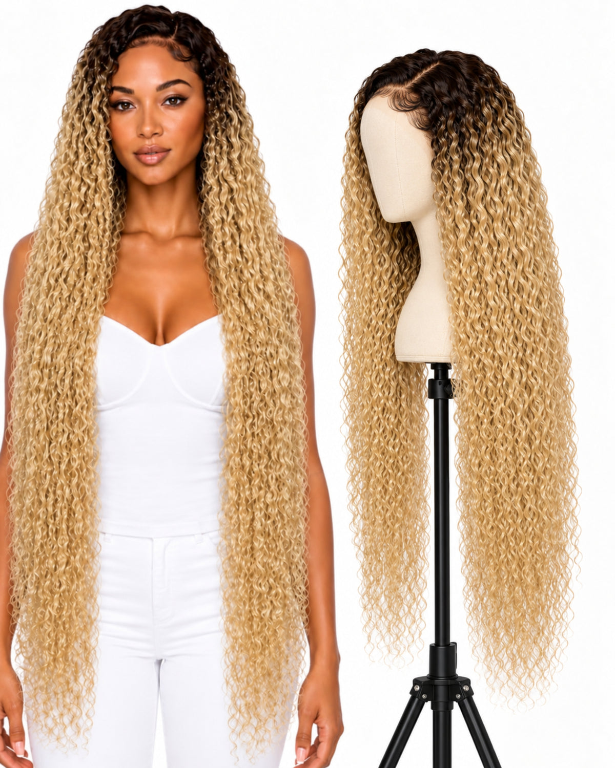 Blonde curly transparent lace front human hair wig, 100 cm