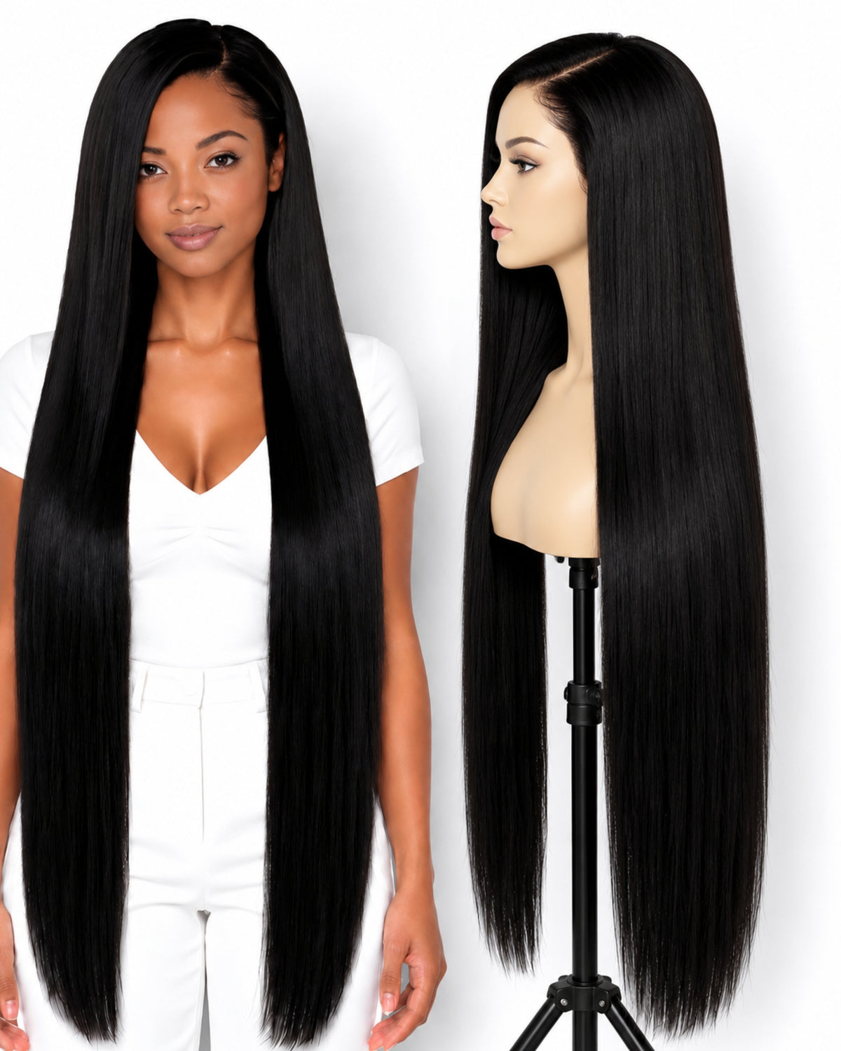 Black straight transparent lace front human hair wig, 100 cm