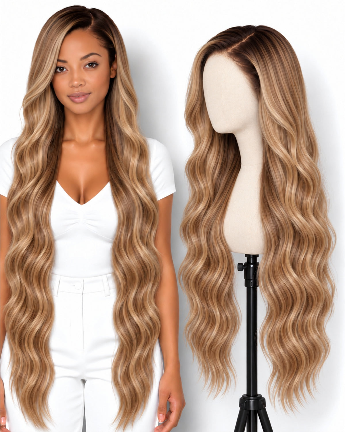Blonde wavy transparent lace front human hair wig, 100 cm