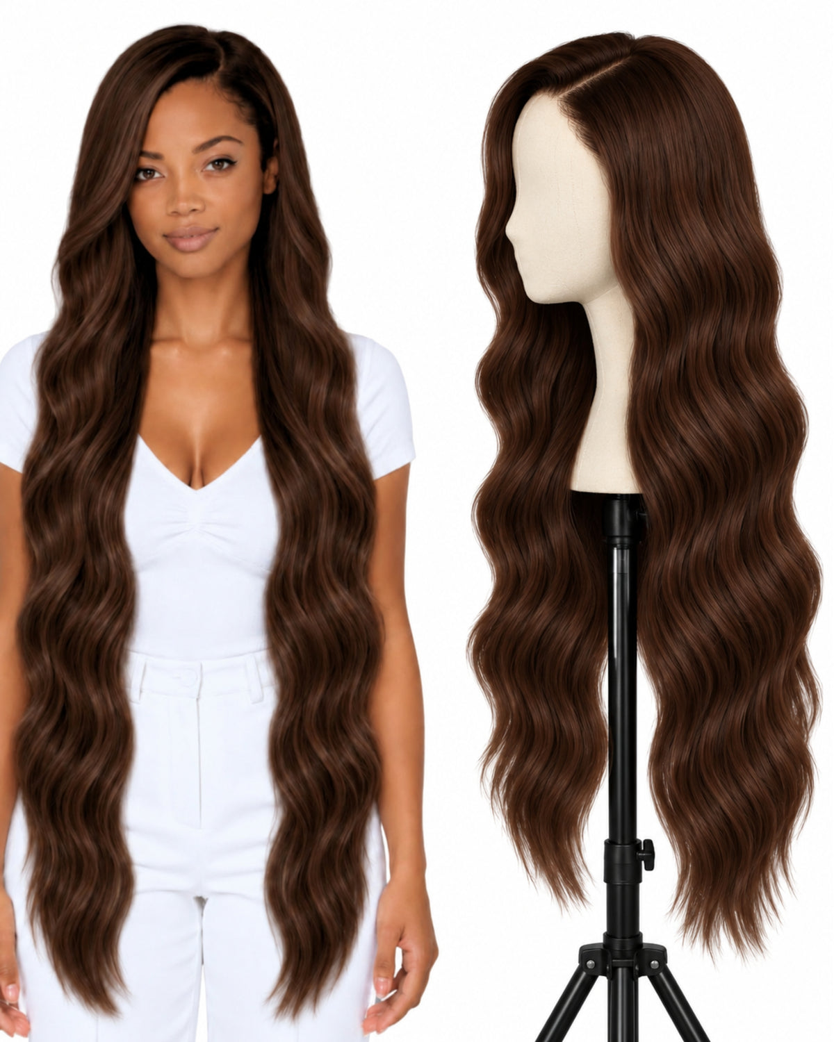 Natural brown wavy transparent lace front human hair wig, 100 cm