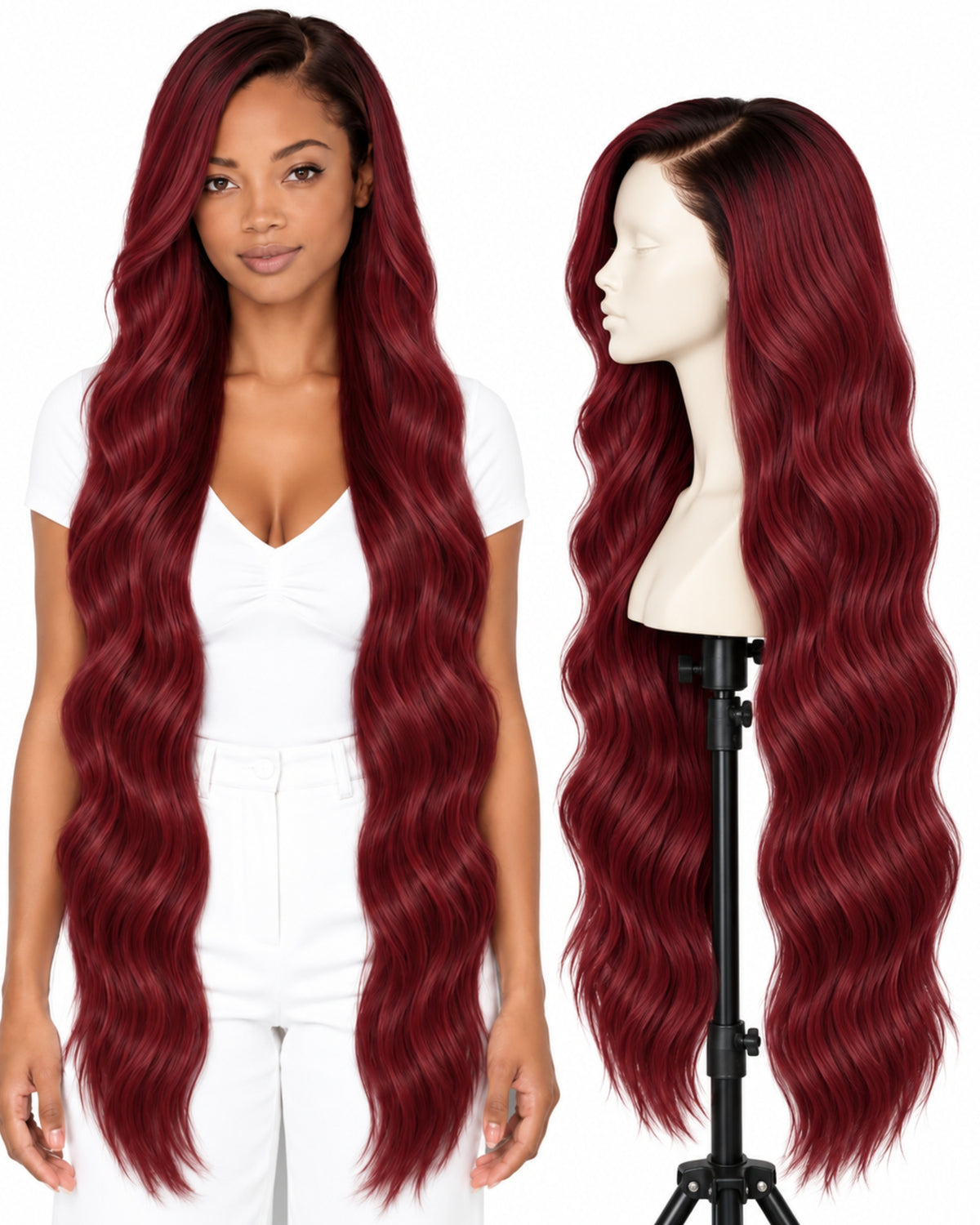 Red wavy transparent lace front human hair wig, 100 cm