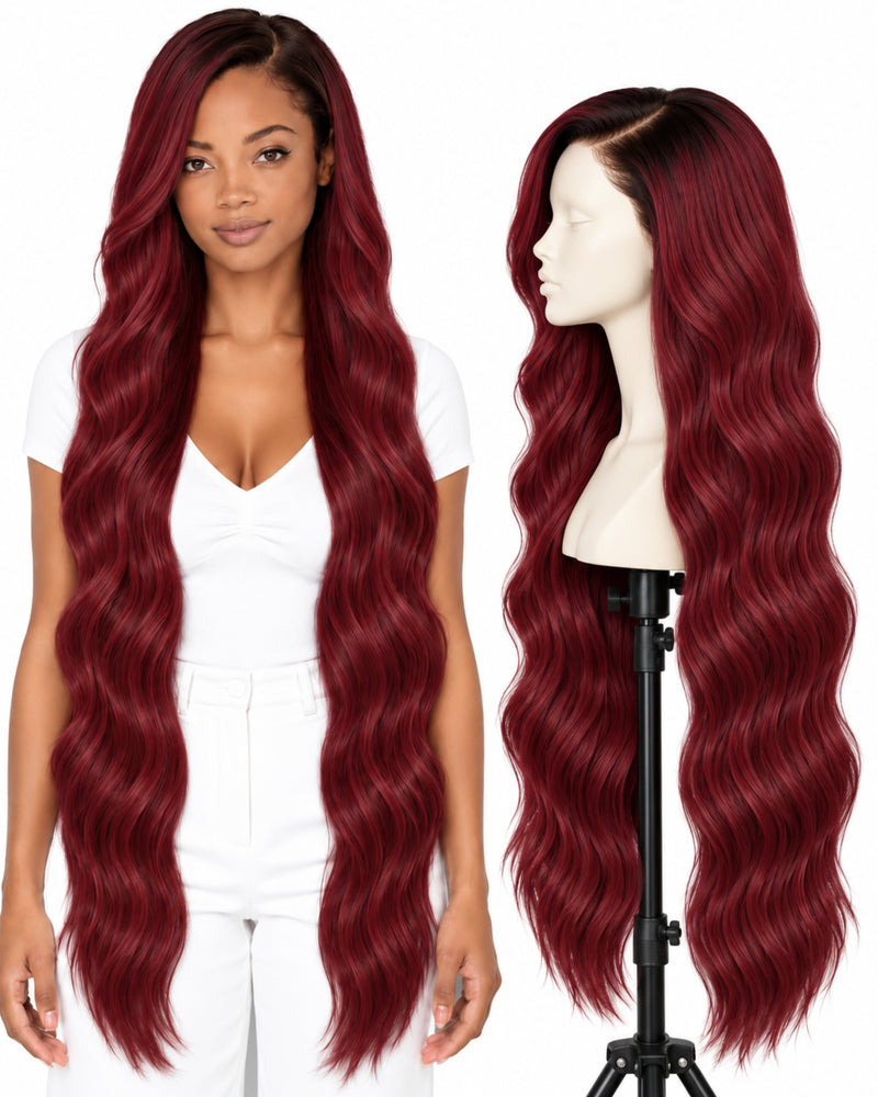Red Wavy Transparent Lace Front Human Hair Wig — 100 cm