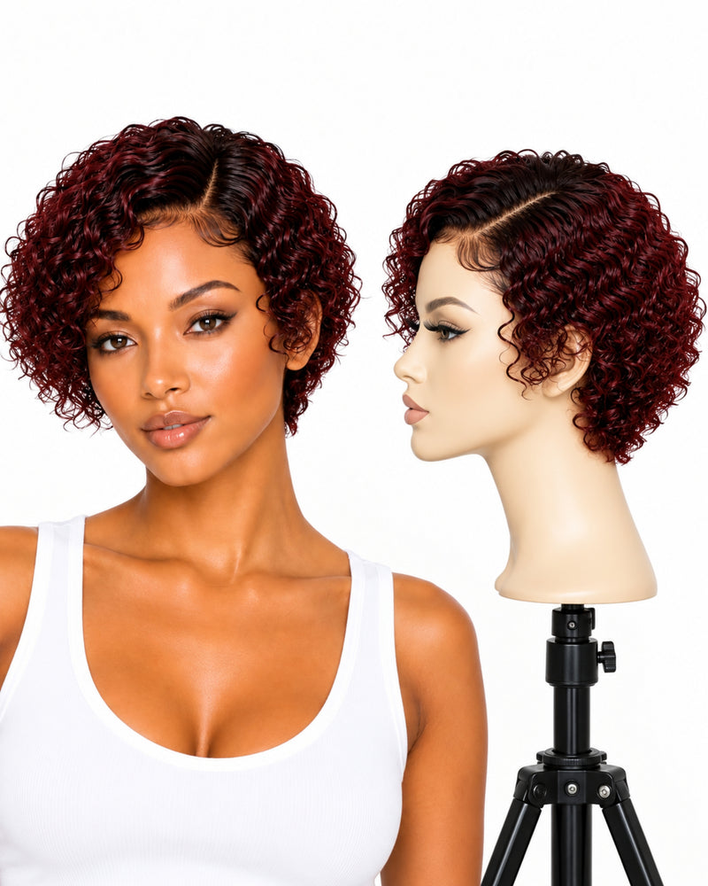 Red Curly Transparent Lace Front Human Hair Wig — 10 cm