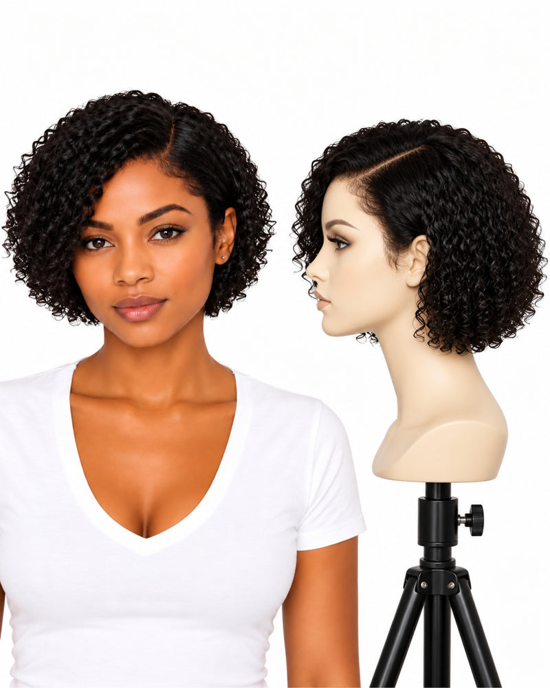 Black Curly Transparent Lace Front Human Hair Wig — 20 cm