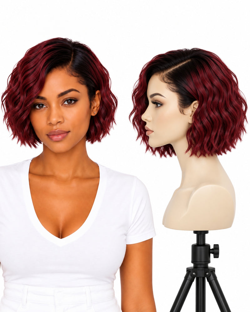Red Wavy Transparent Lace Front Human Hair Wig — 20 cm