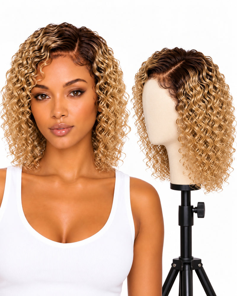 Blonde Curly Transparent Lace Front Human Hair Wig — 30 cm