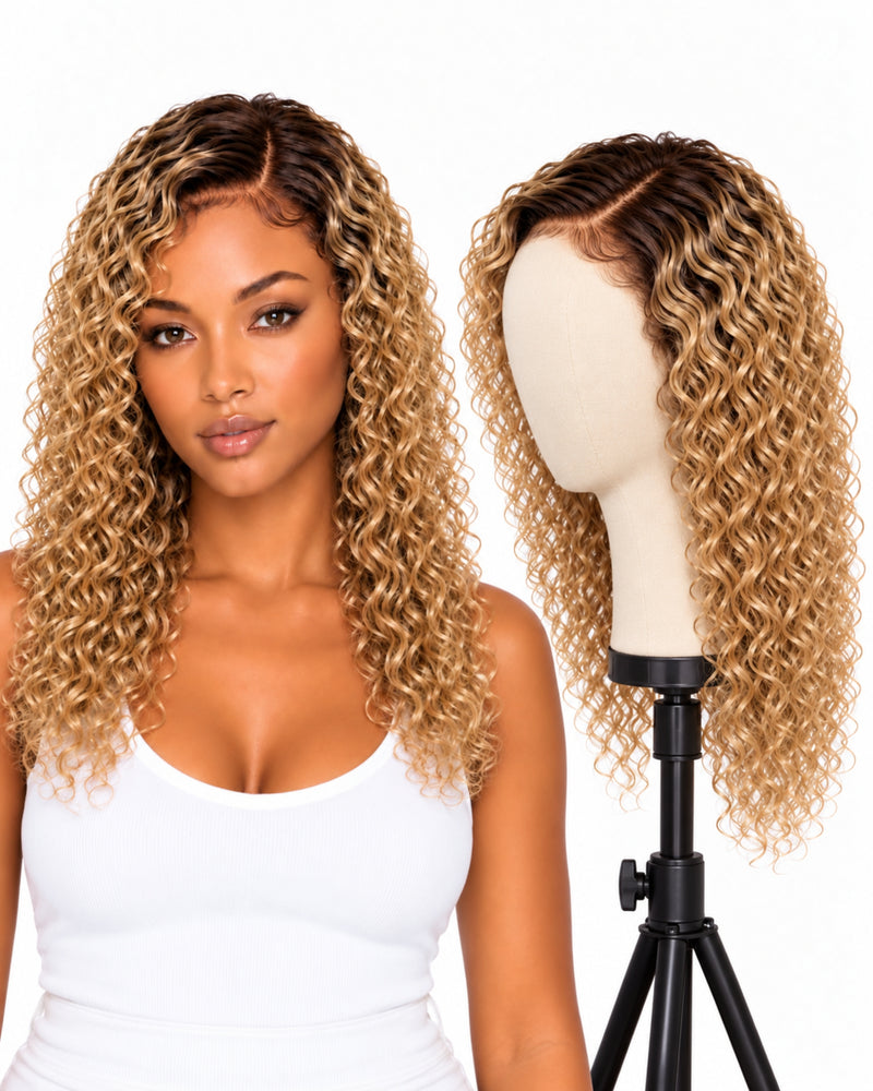Blonde Curly Transparent Lace Front Human Hair Wig — 40 cm