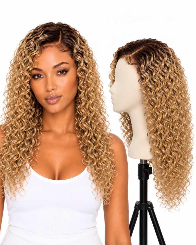 Blonde Curly Transparent Lace Front Human Hair Wig — 50 cm