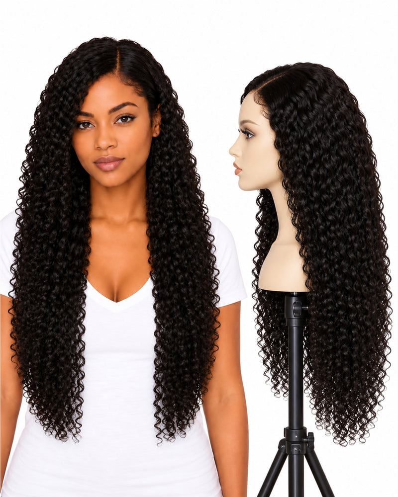 Black Curly Transparent Lace Front Human Hair Wig — 70 cm