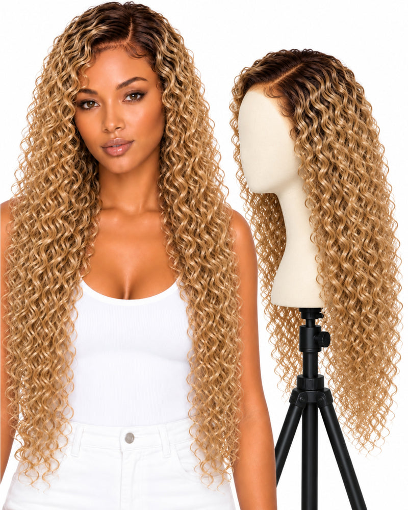 Blonde Curly Transparent Lace Front Human Hair Wig — 80 cm