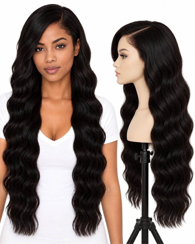 Black Wavy Transparent Lace Front Human Hair Wig — 80 cm