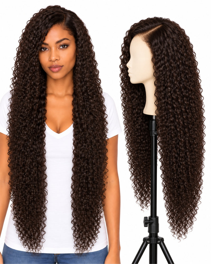 Natural Brown Curly Transparent Lace Front Human Hair Wig — 90 cm