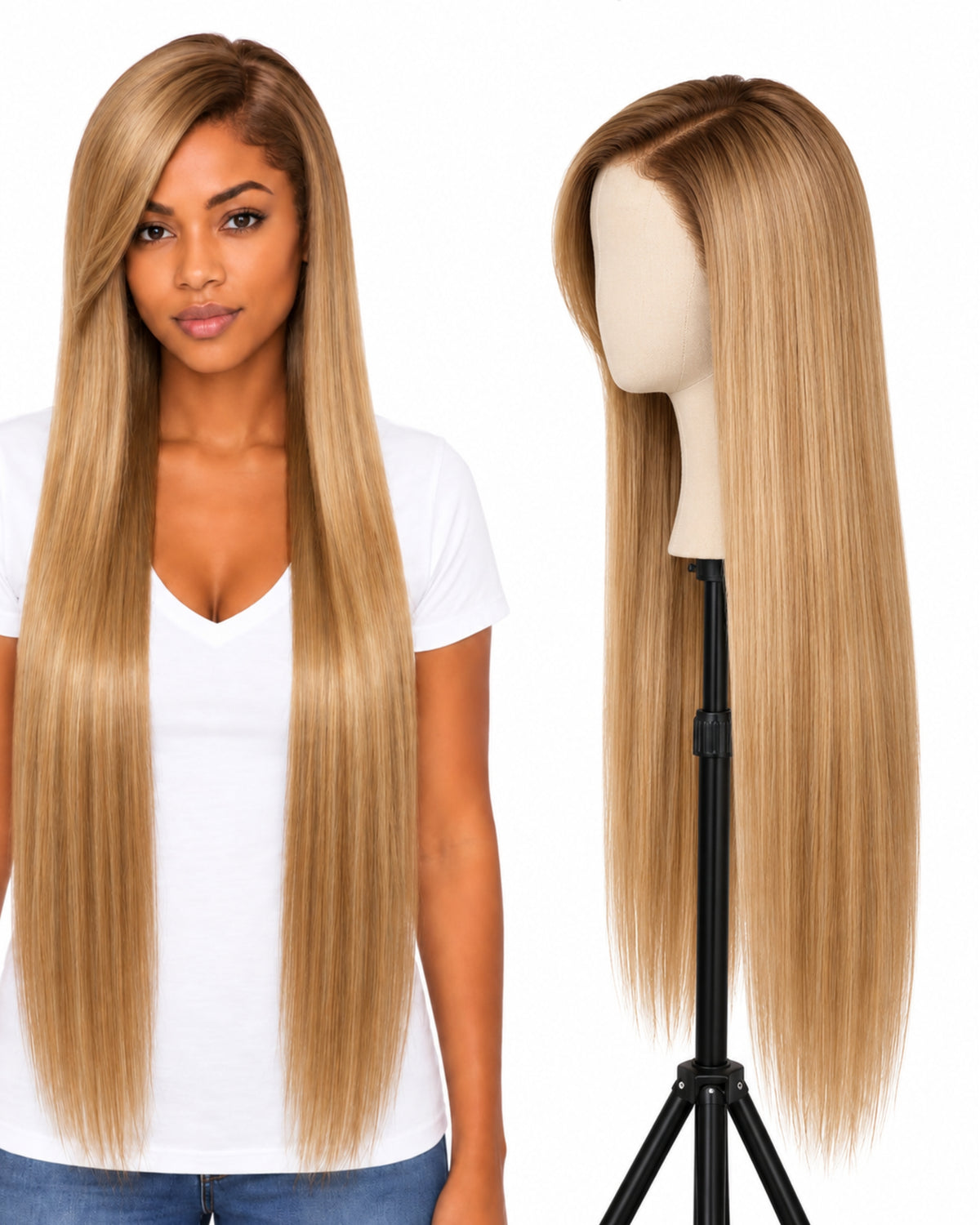 Blonde straight transparent lace front human hair wig, 90 cm