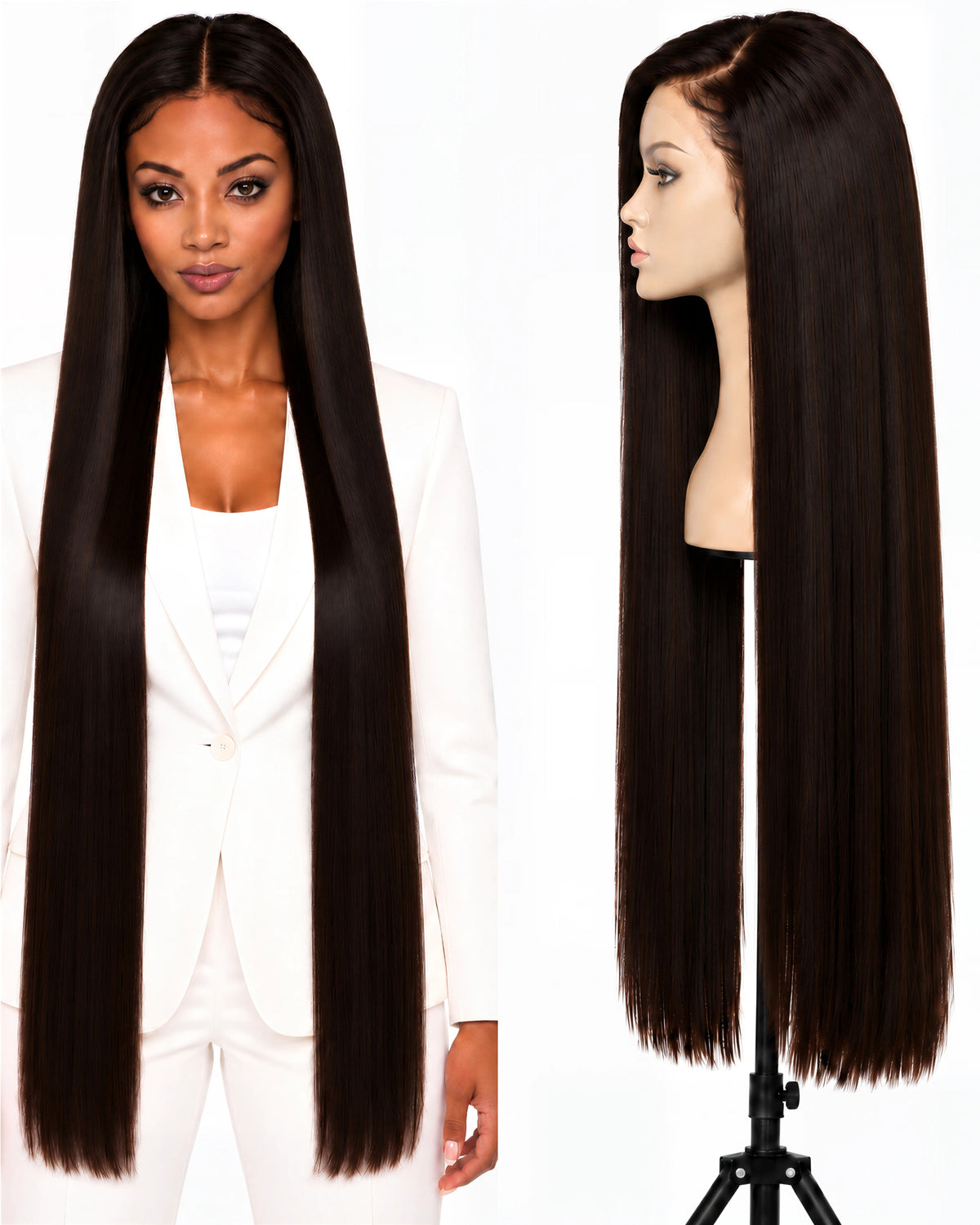 Natural brown straight HD human hair lace wig — 100 cm