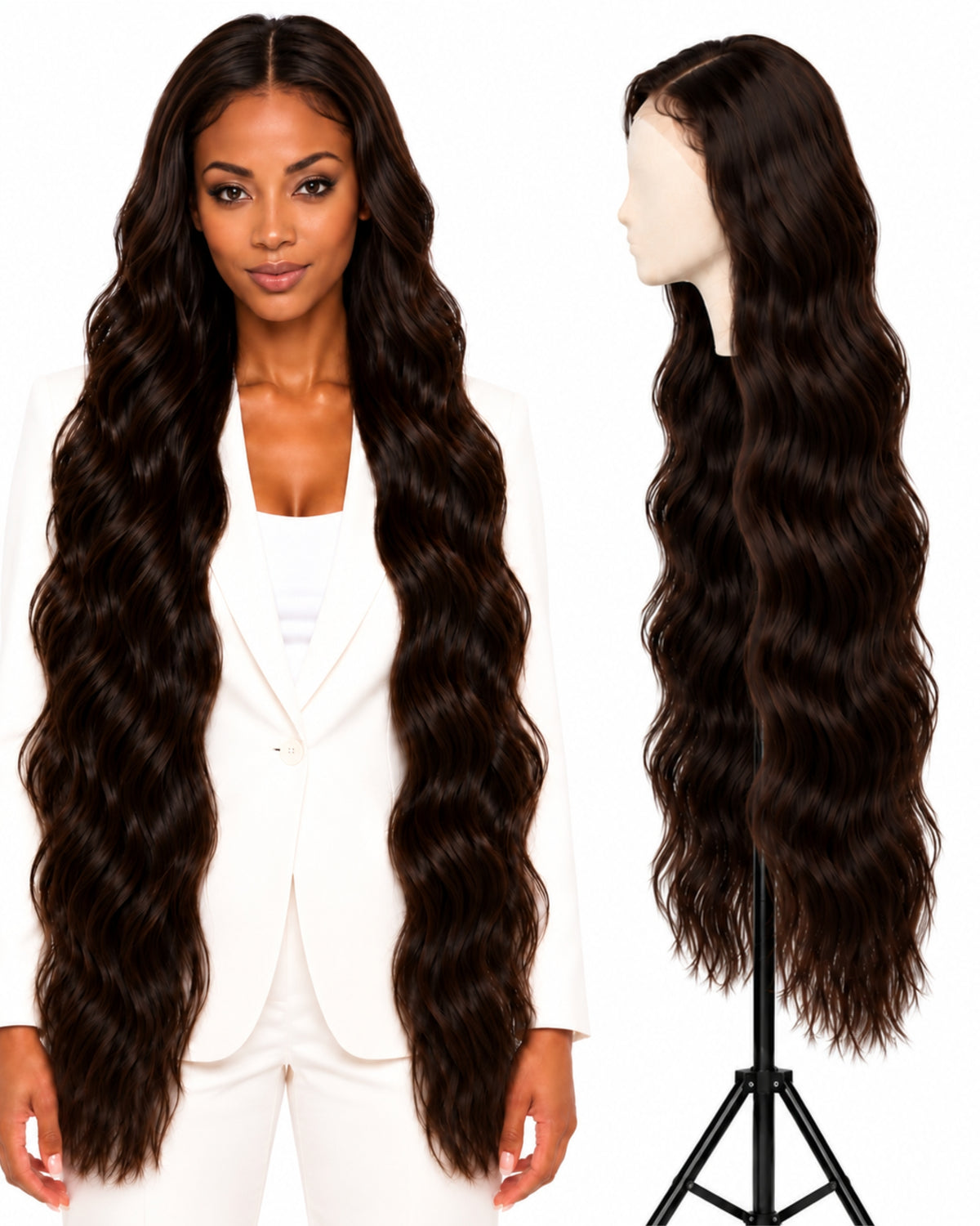 Natural brown wavy HD human hair lace wig — 100 cm