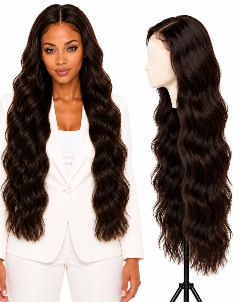 Natural Brown Wavy HD Lace Human Hair Wig — 80 cm / Natural