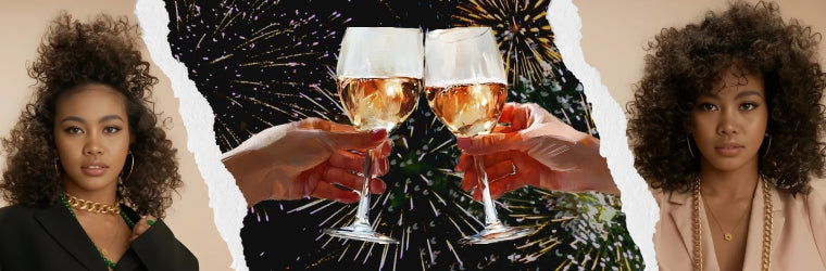 Model wearing a curly lace wig in two styles — pinned up and loose — while holding champagne glasses with fireworks in the background.