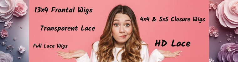 Confused woman with her palms up, surrounded by text labels such as 13×4 frontal lace wig, transparent lace wig, full lace wig, and 4×4 and 5×5 closure wigs.