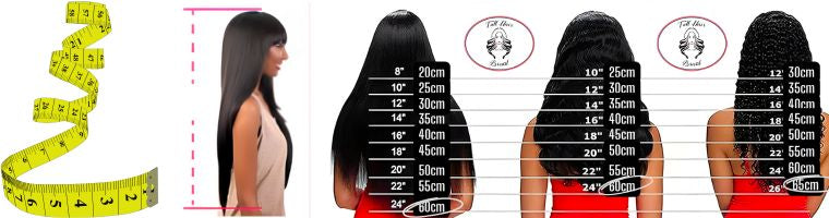 Hair length chart showing straight and curly wig measurements alongside a measuring tape.