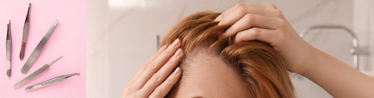 Tweezers and hair tools beside a close-up of hands adjusting a hairline.