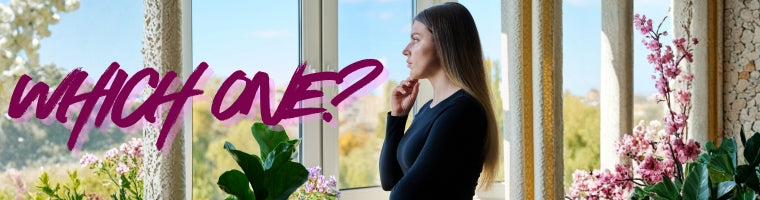 Woman standing by a window surrounded by plants with the text ‘Which One?’.