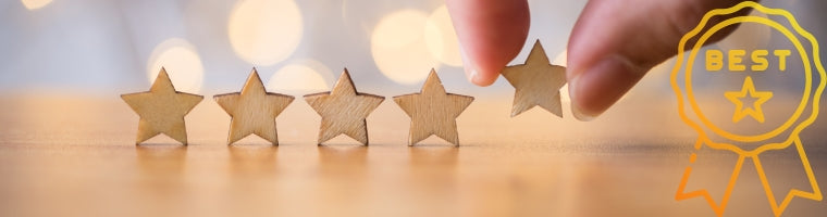 Hand placing the fifth star in a five-star rating with a golden badge icon.