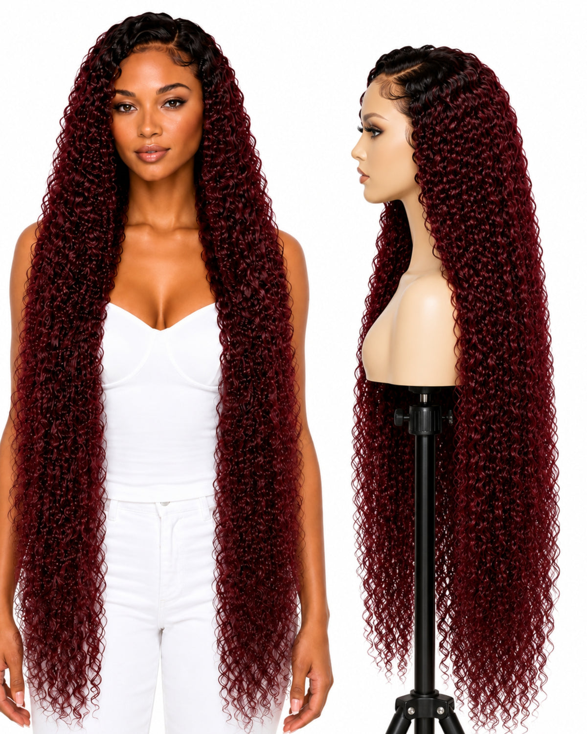 Red curly transparent lace front human hair wig, 100 cm