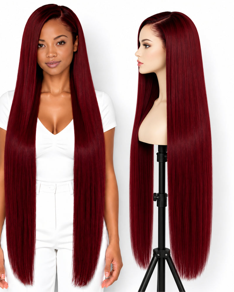 Red Straight Transparent Lace Front Human Hair Wig — 100 cm