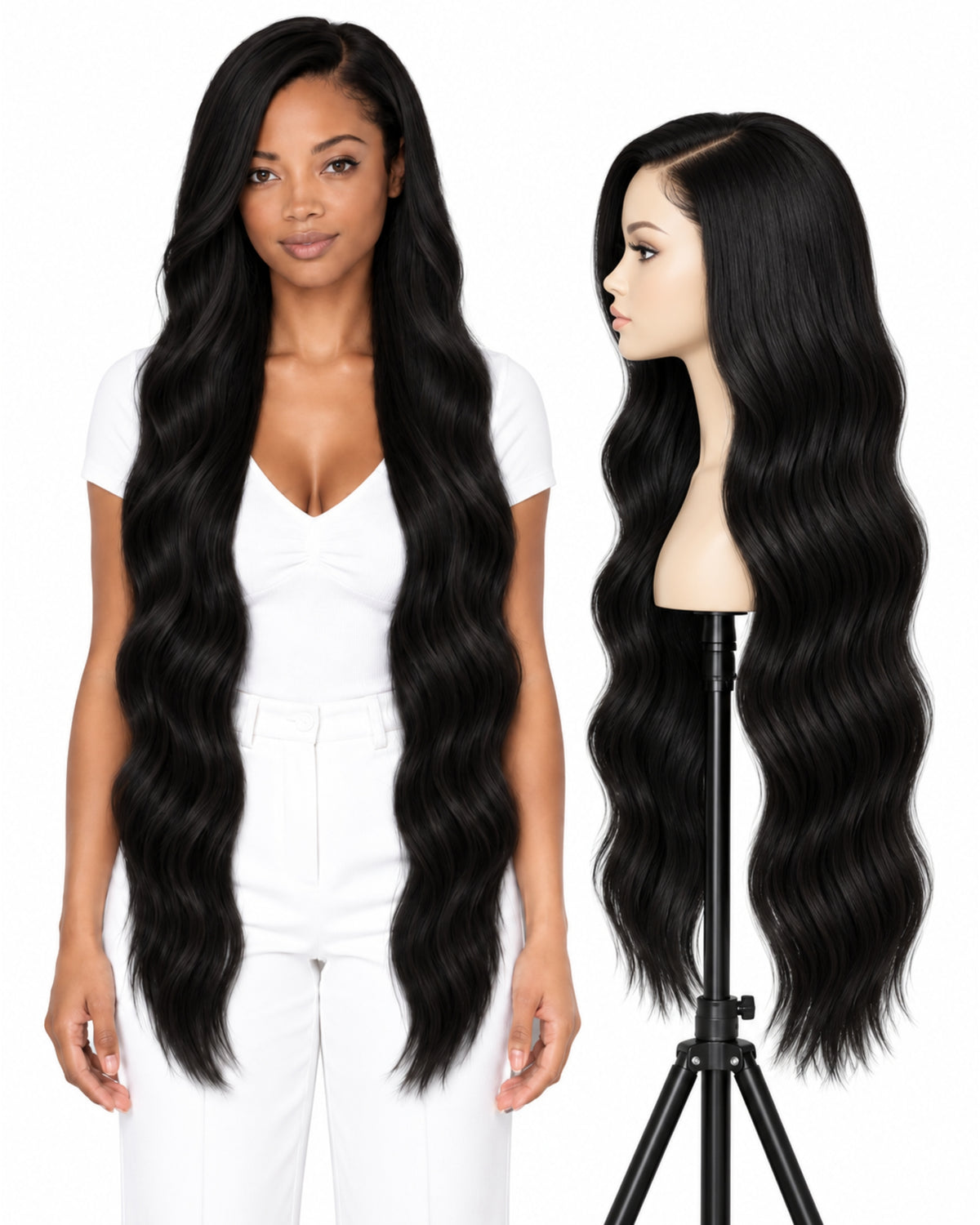 Black wavy transparent lace front human hair wig, 100 cm