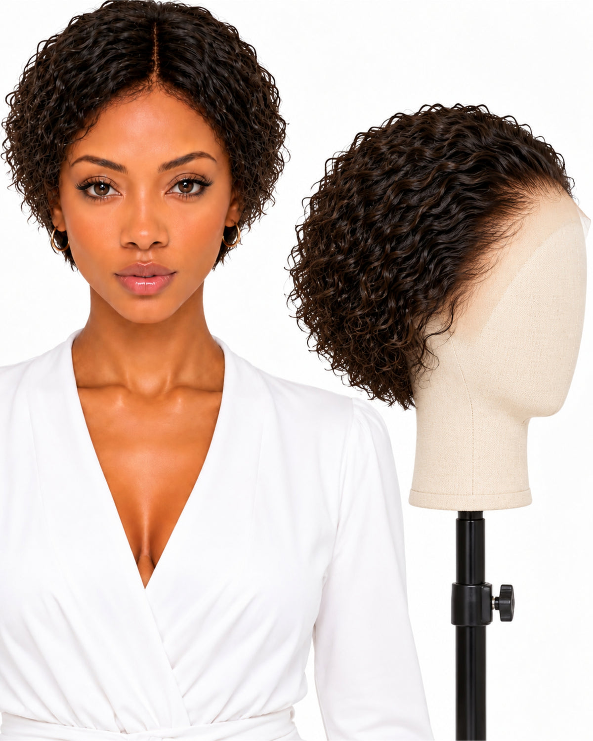Natural brown curly full lace human hair wig, 10 cm