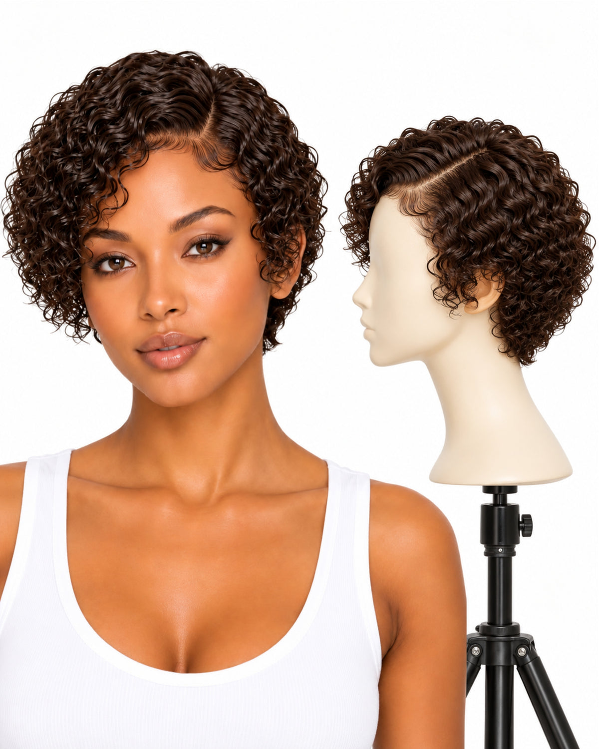 Natural brown curly transparent lace front human hair wig, 10 cm