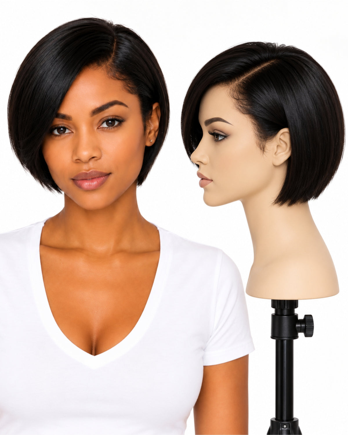 Black straight transparent lace front human hair wig, 10 cm