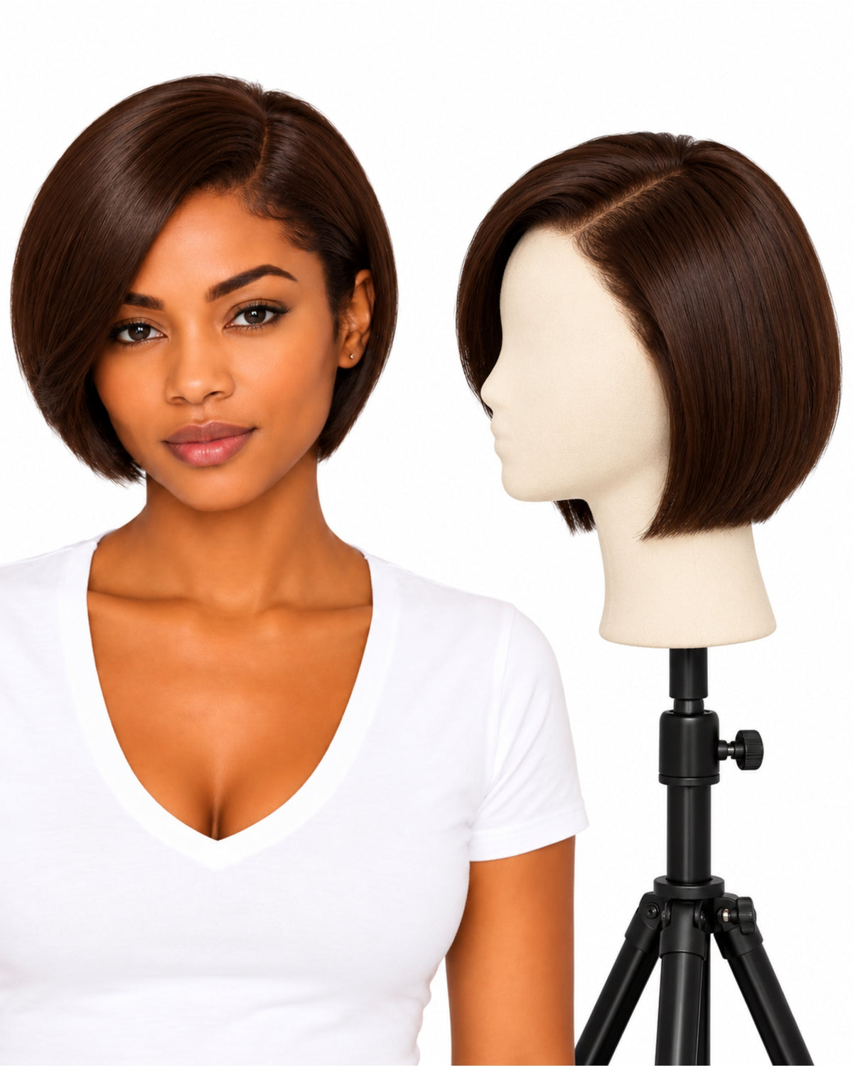 Natural brown straight transparent lace front human hair wig, 10 cm
