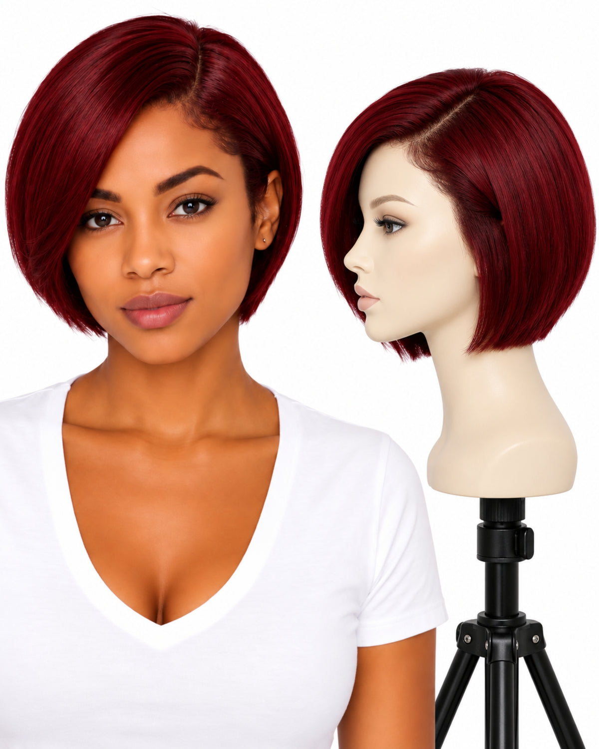 Red straight transparent lace front human hair wig, 10 cm