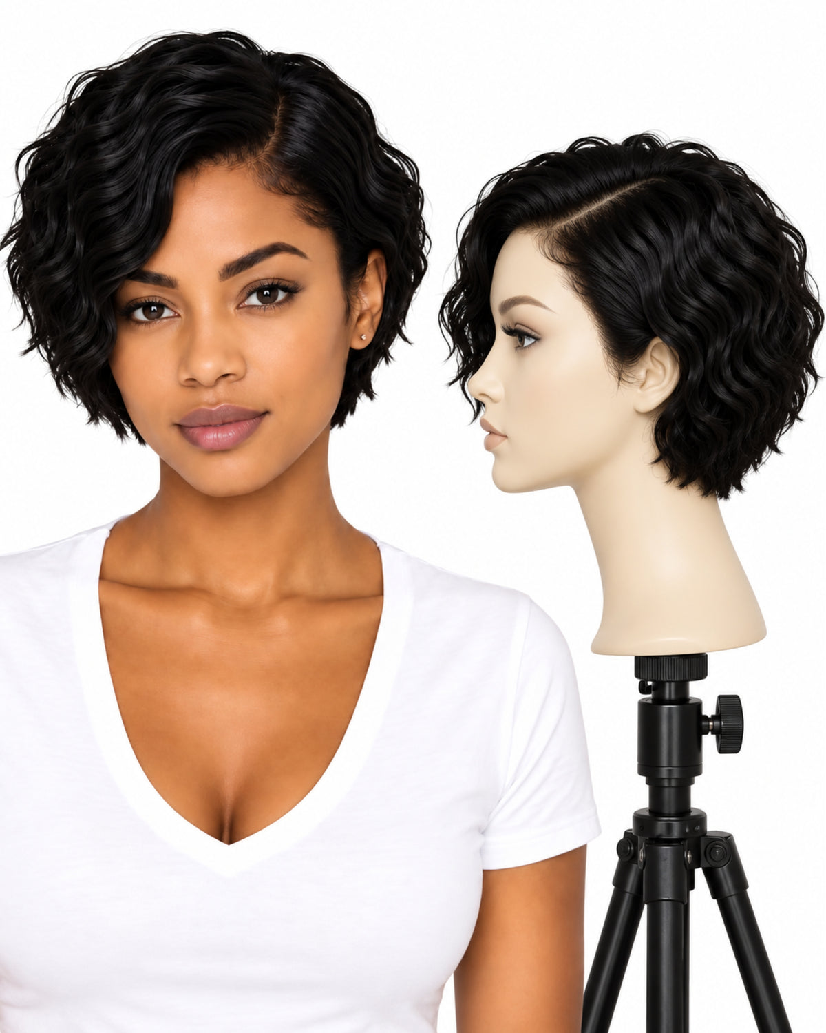 Black wavy transparent lace front human hair wig, 10 cm