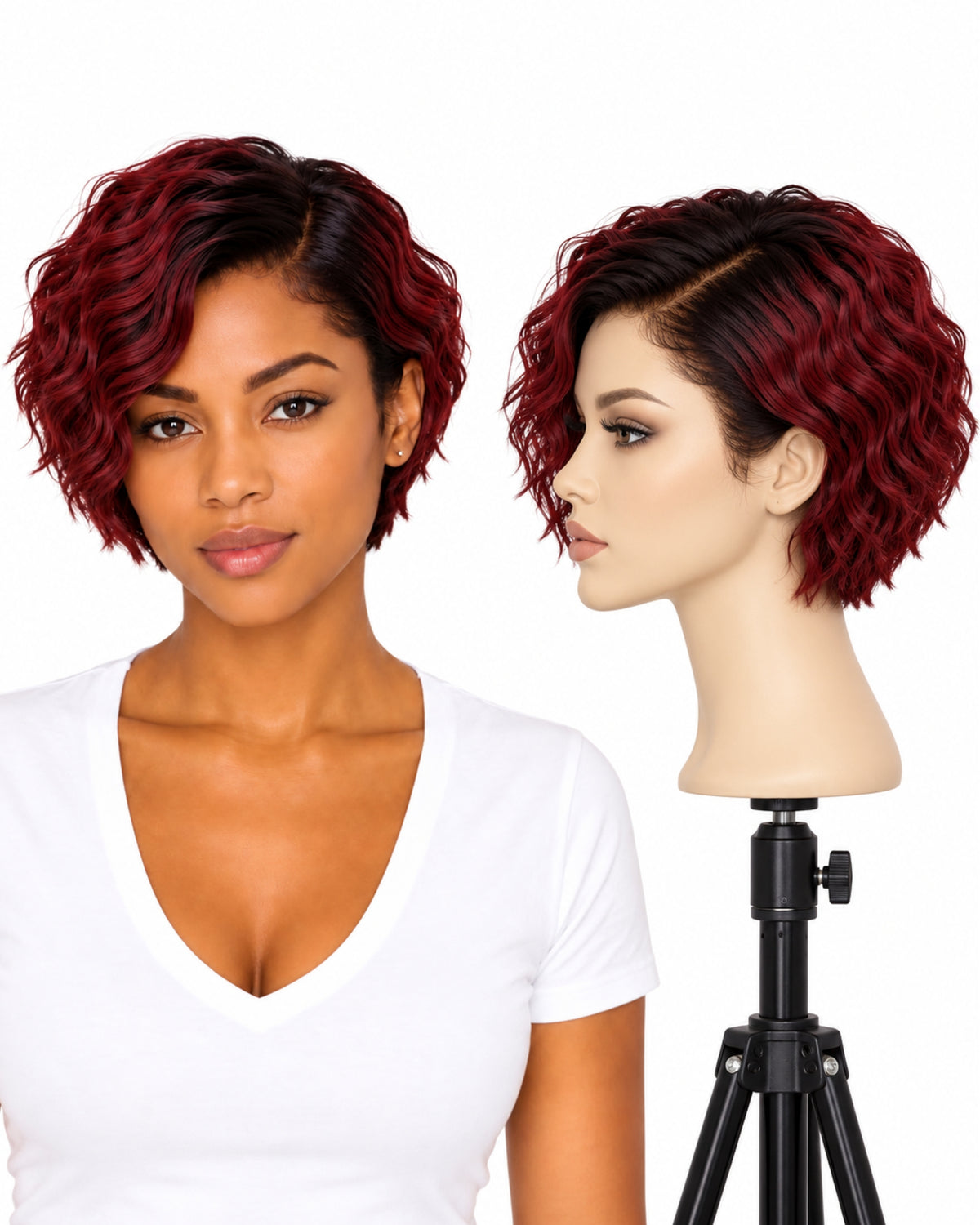 Red wavy transparent lace front human hair wig, 10 cm
