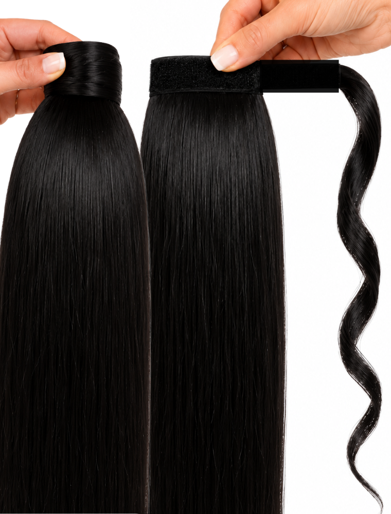Human Hair Ponytail – Wrap-Around Method, Inner Comb and Velcro Finish Strap.