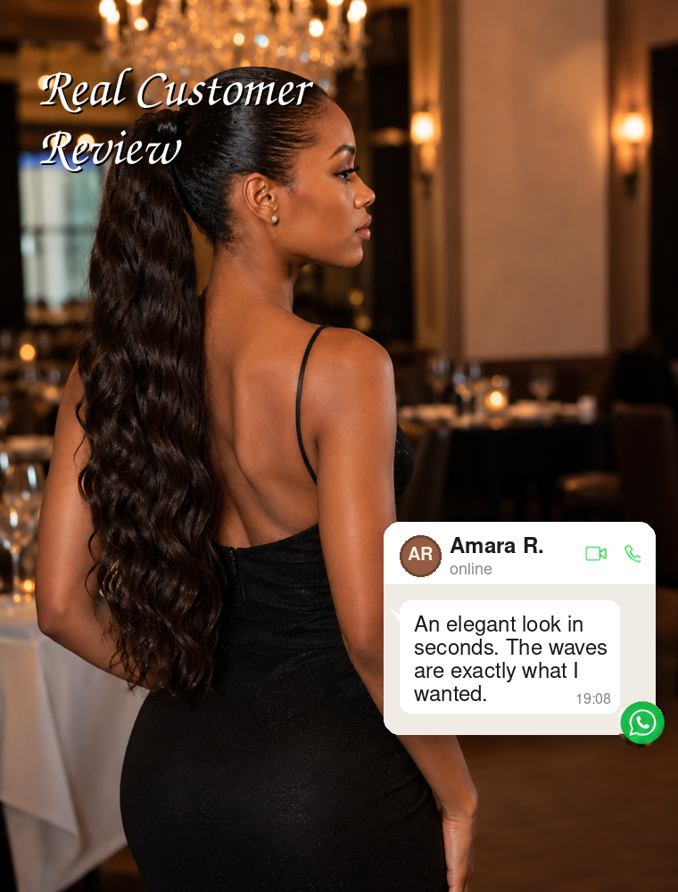 Human Hair Ponytail – Wrap-Around Method, Inner Comb and Velcro Finish Strap.