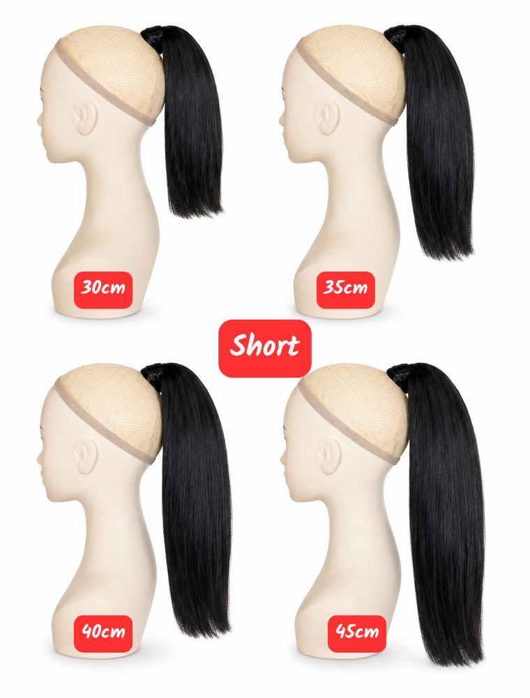 Human Hair Ponytail – Wrap-Around Method, Inner Comb and Velcro Finish Strap.