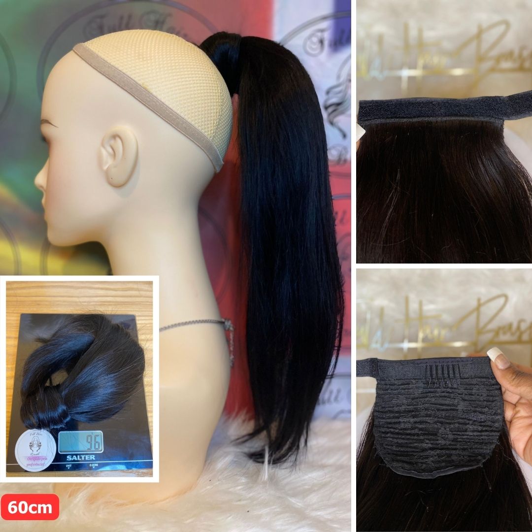 Human Hair Ponytail – Wrap-Around Method, Inner Comb and Velcro Finish Strap.