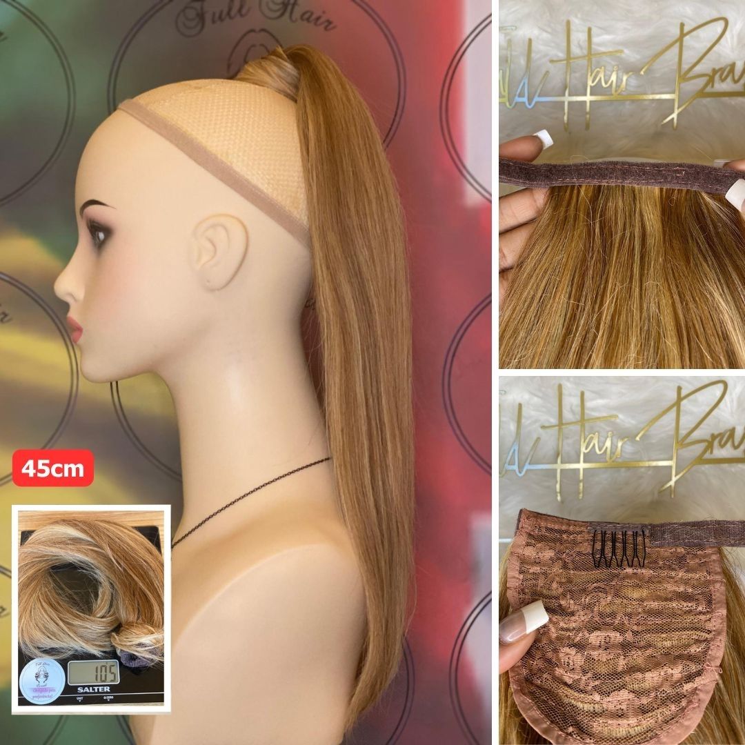 Human Hair Ponytail – Wrap-Around Method, Inner Comb and Velcro Finish Strap.