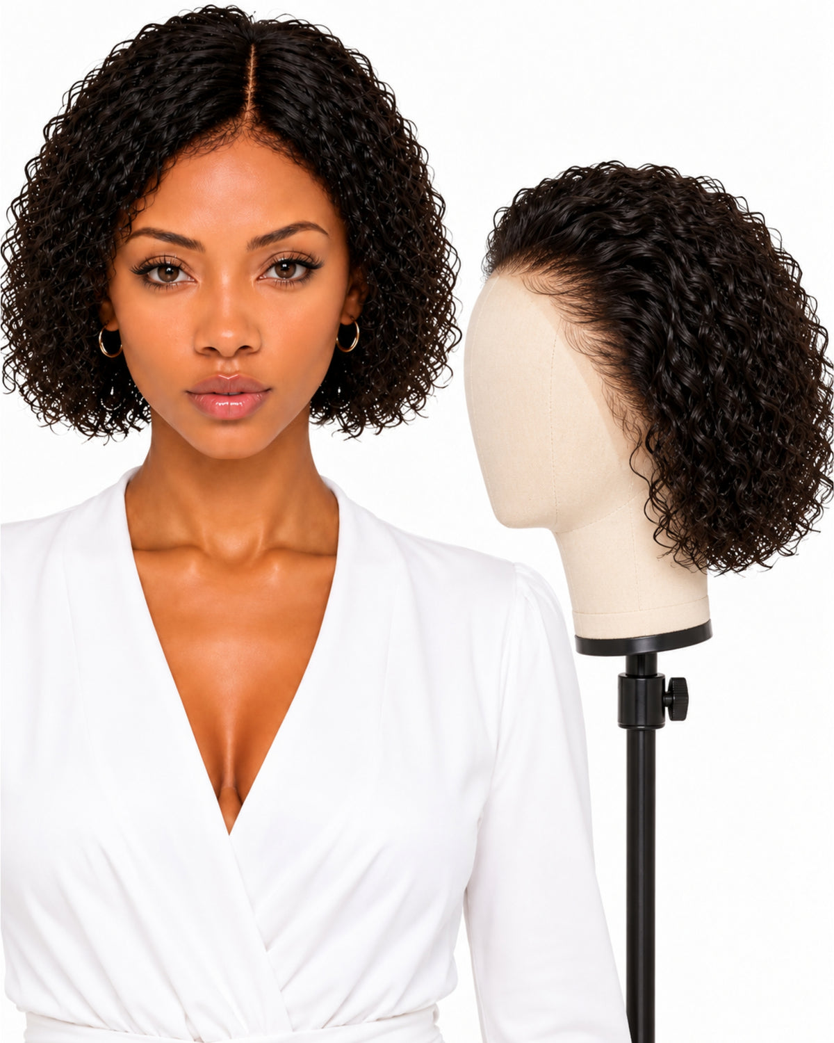Natural brown curly full lace human hair wig, 20 cm