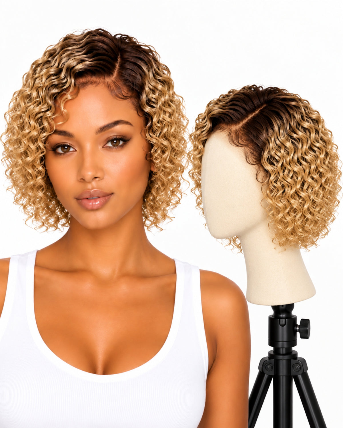 Blonde curly transparent lace front human hair wig, 20 cm