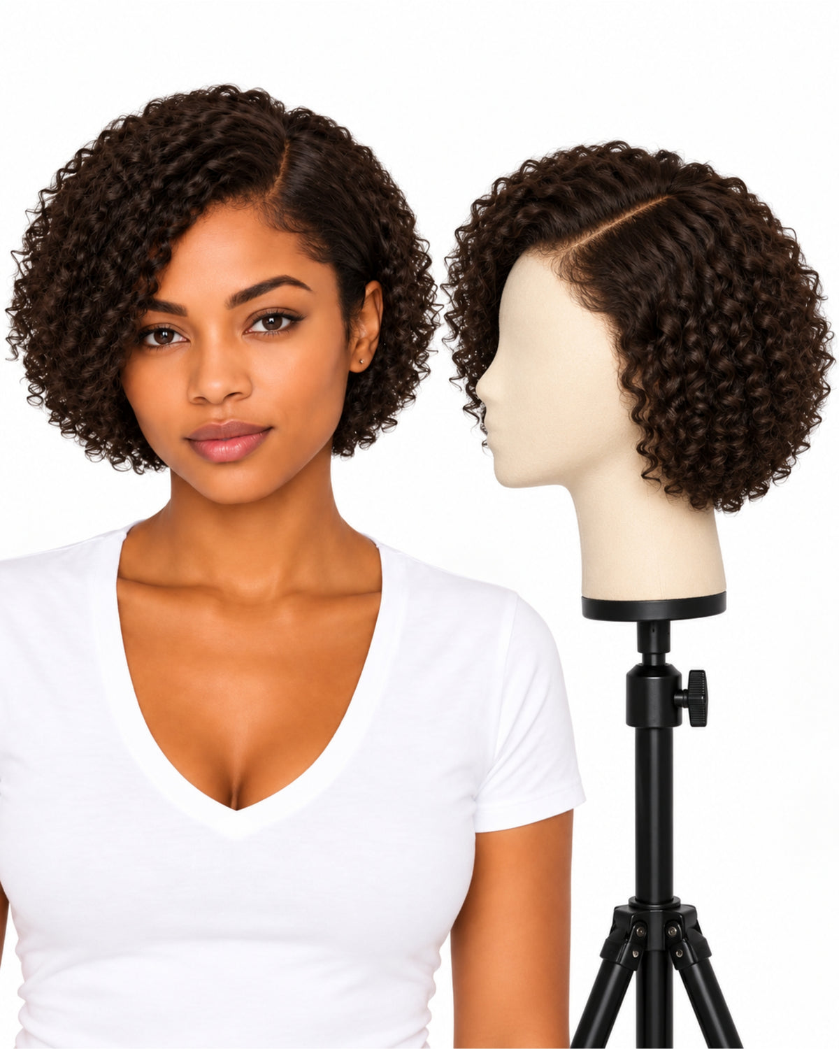Natural brown curly transparent lace front human hair wig, 20 cm