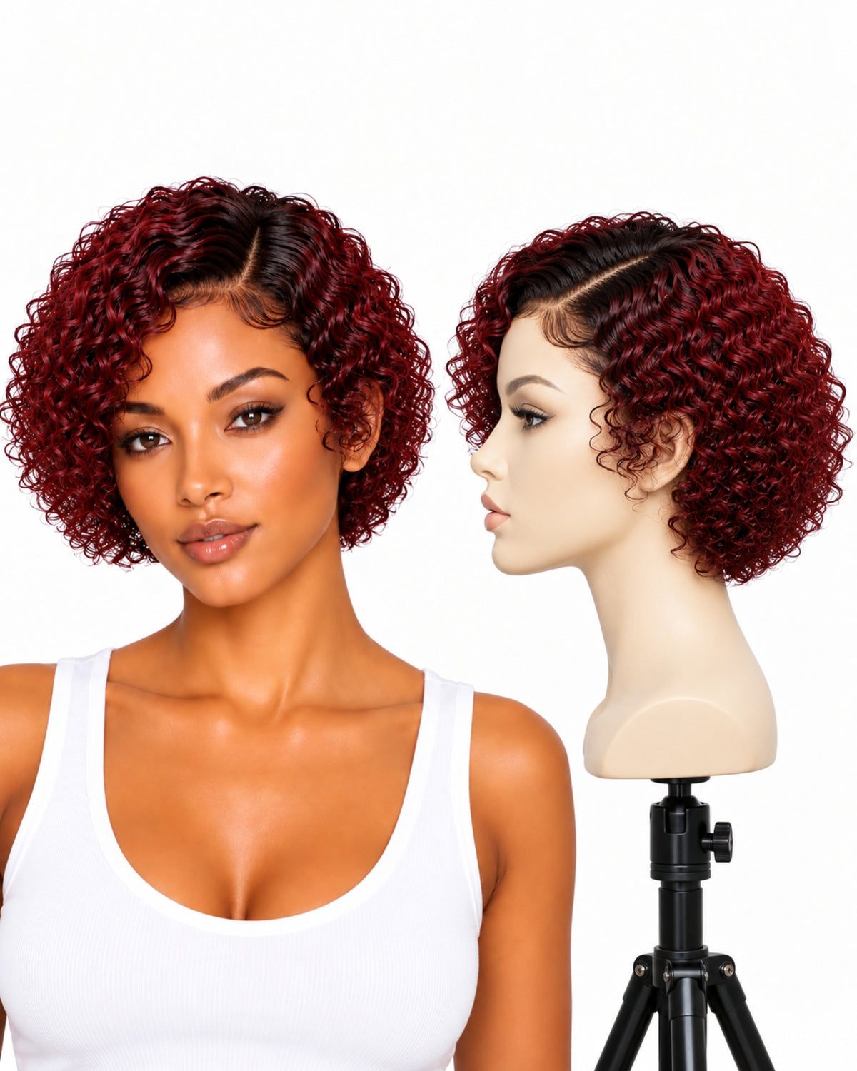 Red curly transparent lace front human hair wig, 20 cm