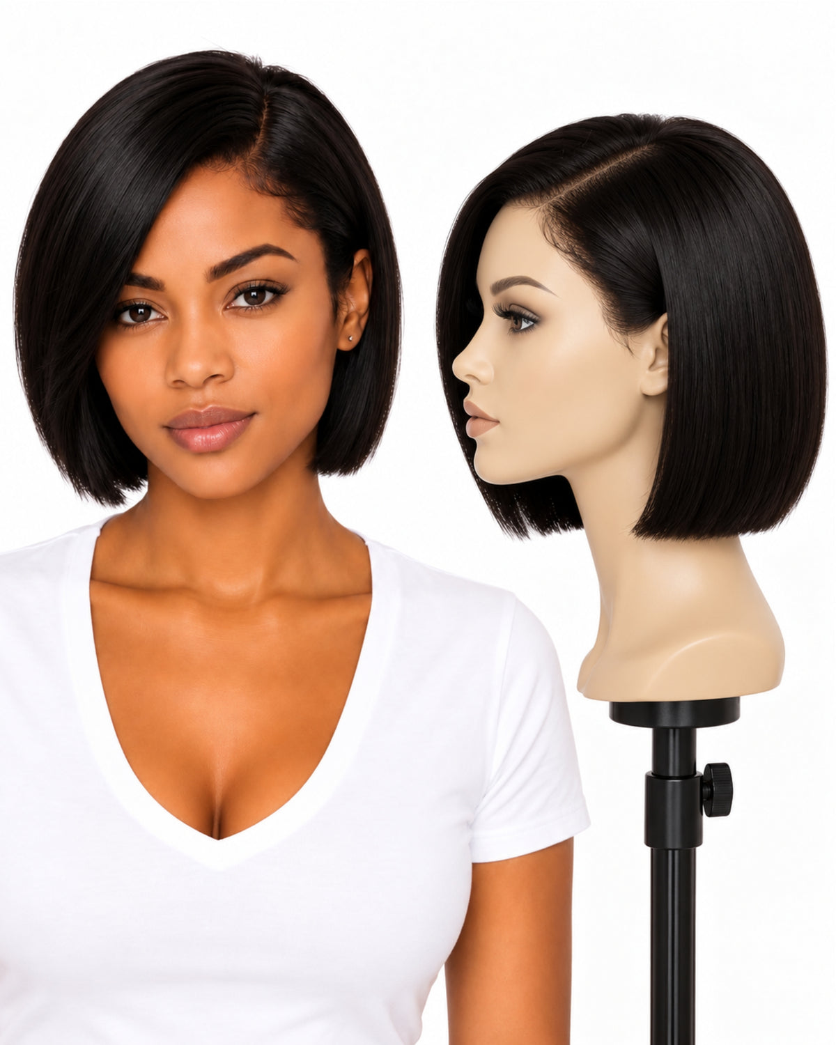 Black straight transparent lace front human hair wig, 20 cm