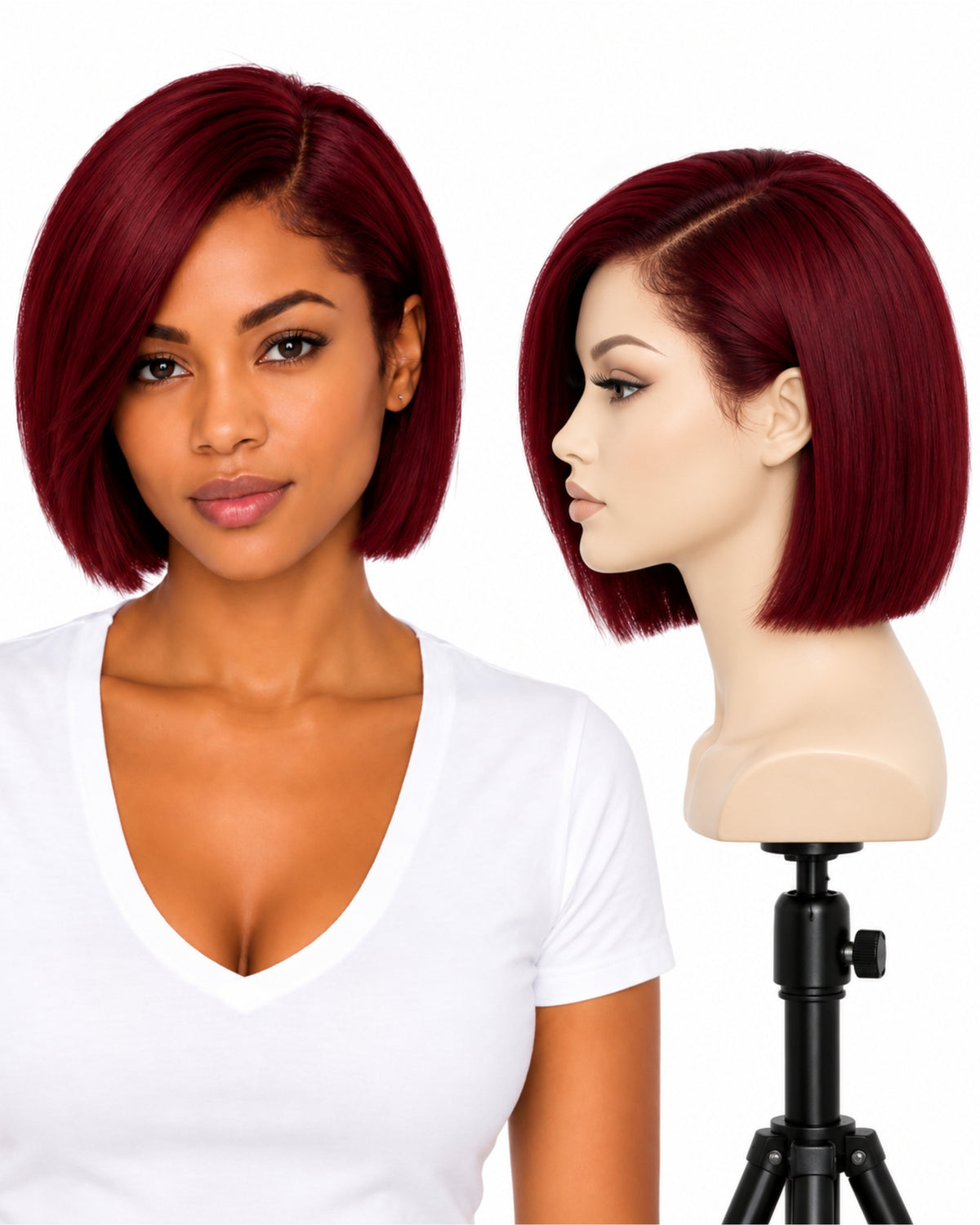 Red straight transparent lace front human hair wig, 20 cm