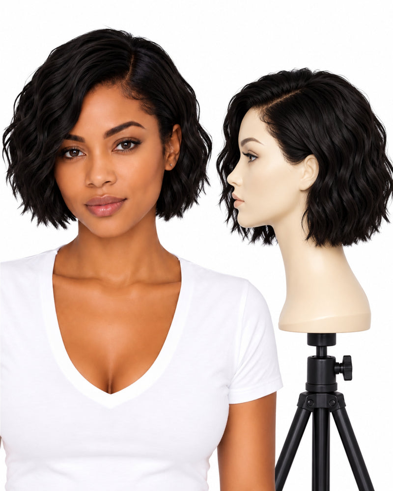 Black Wavy Transparent Lace Front Human Hair Wig — 20 cm