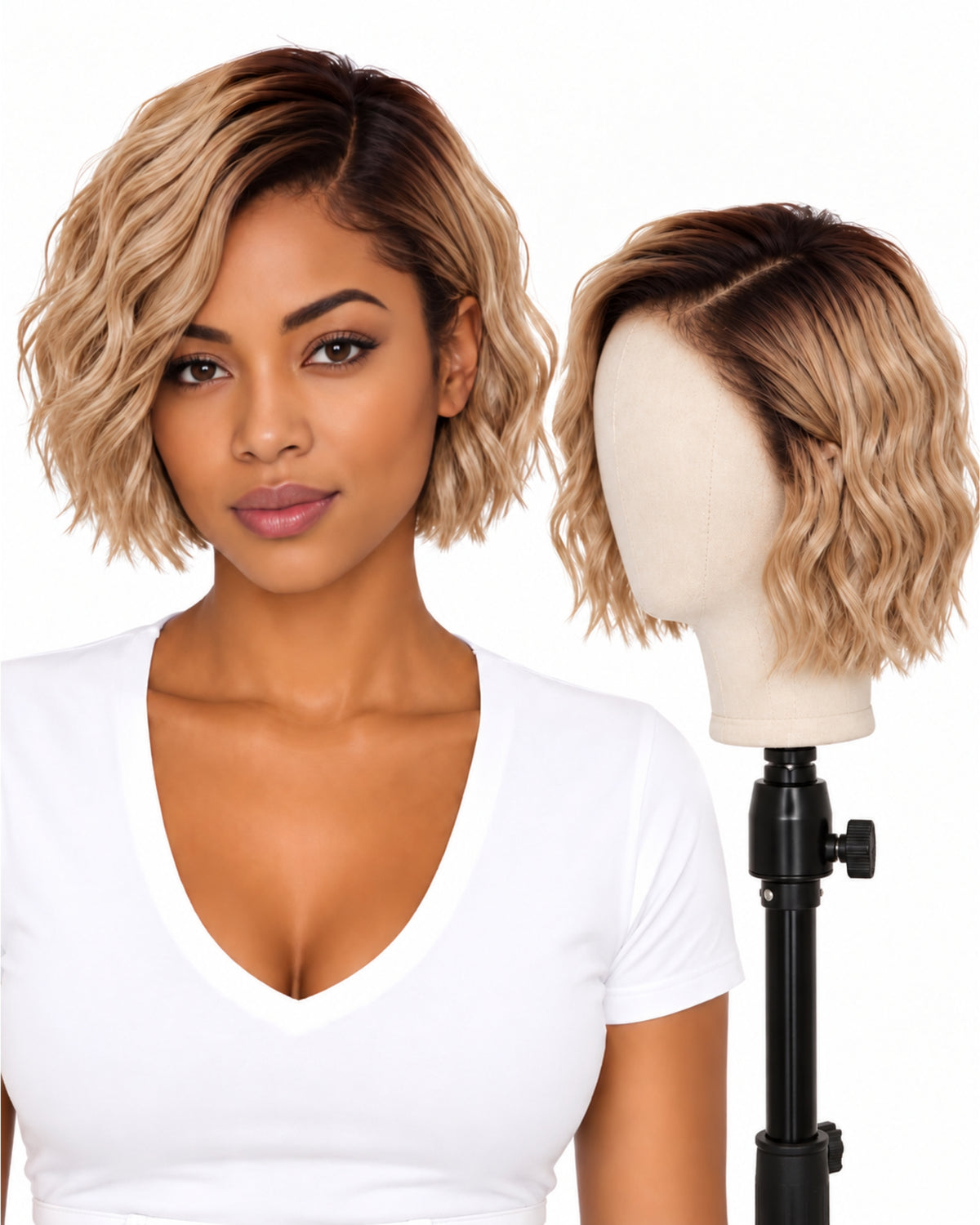 Blonde wavy transparent lace front human hair wig, 20 cm