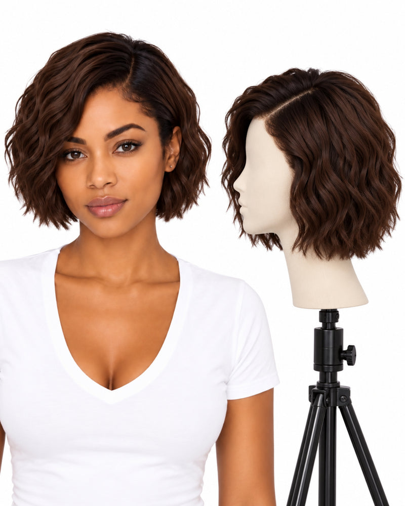 Natural Brown Wavy Transparent Lace Front Human Hair Wig — 20 cm